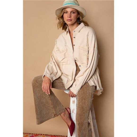 POL Button Down Raw Hem Distressed Shacket - Picture 1 of 3